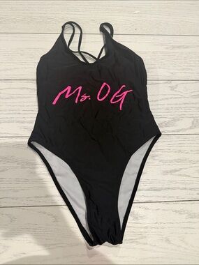 Black One-Piece Swimsuit with Pink "Ms. OG" Script